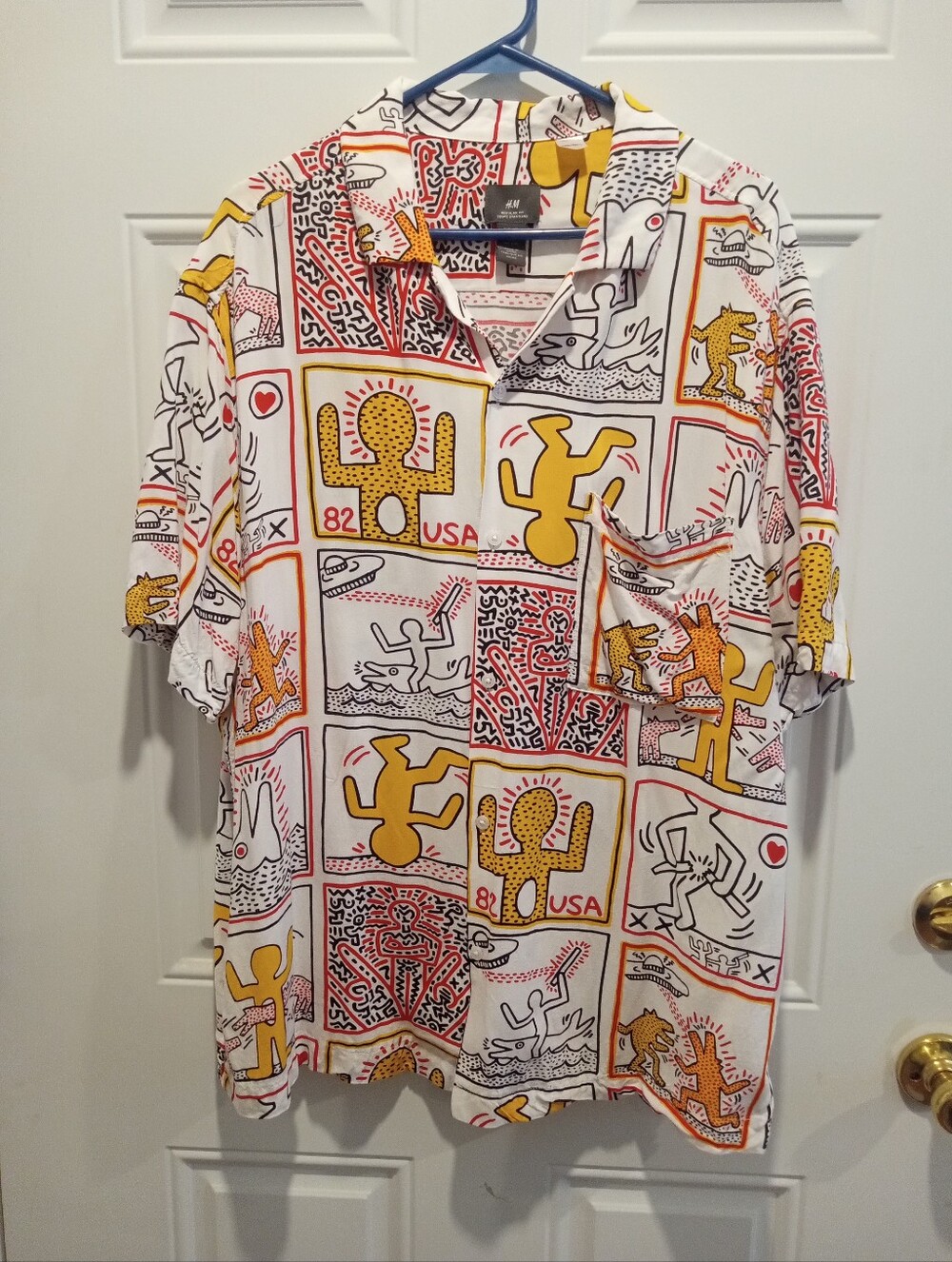 H&M White Short-Sleeve Button-Down Shirt with Yellow & Red Graphic Panels